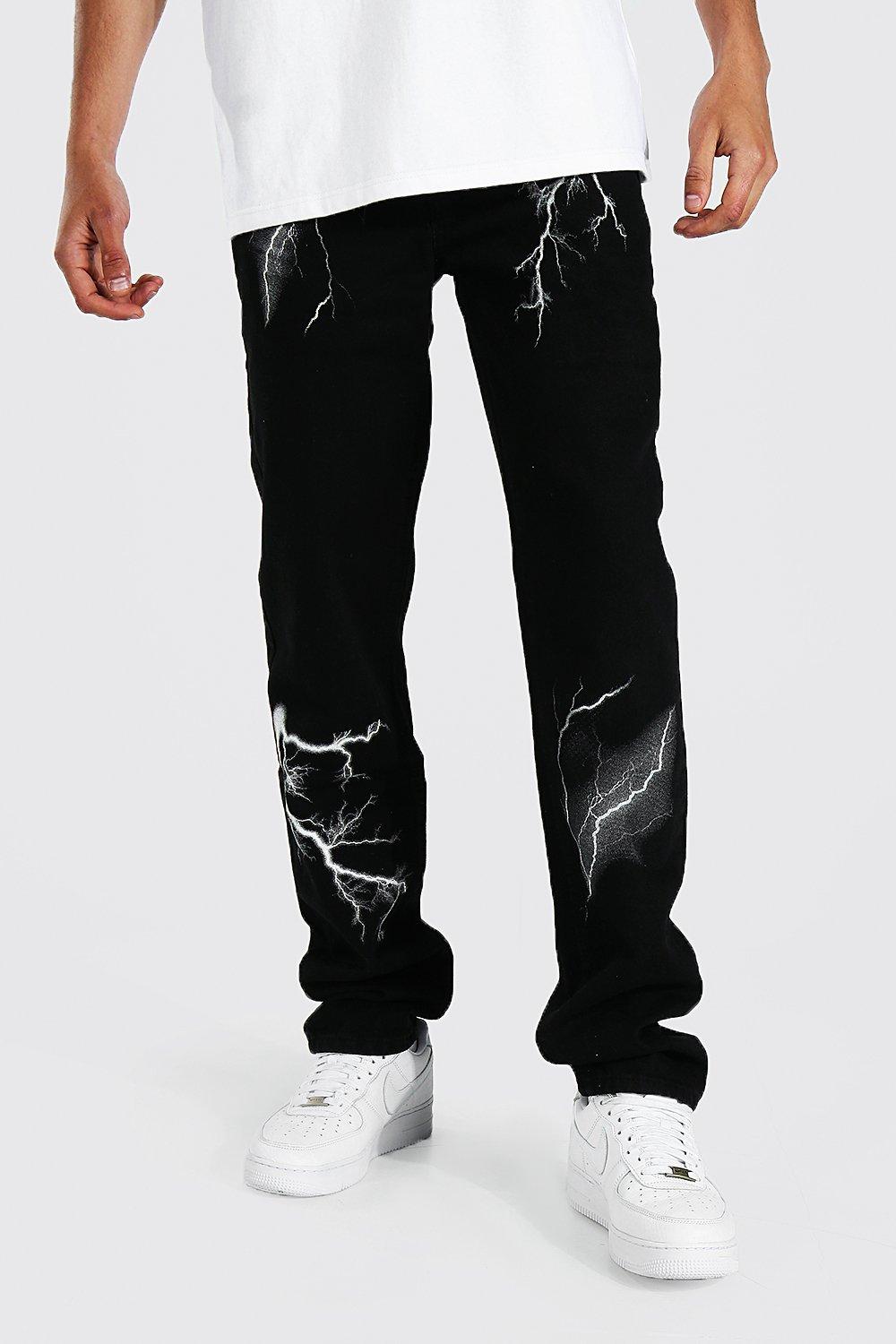 Tall Relaxed Fit Lightning Print Jeans | boohooMAN USA